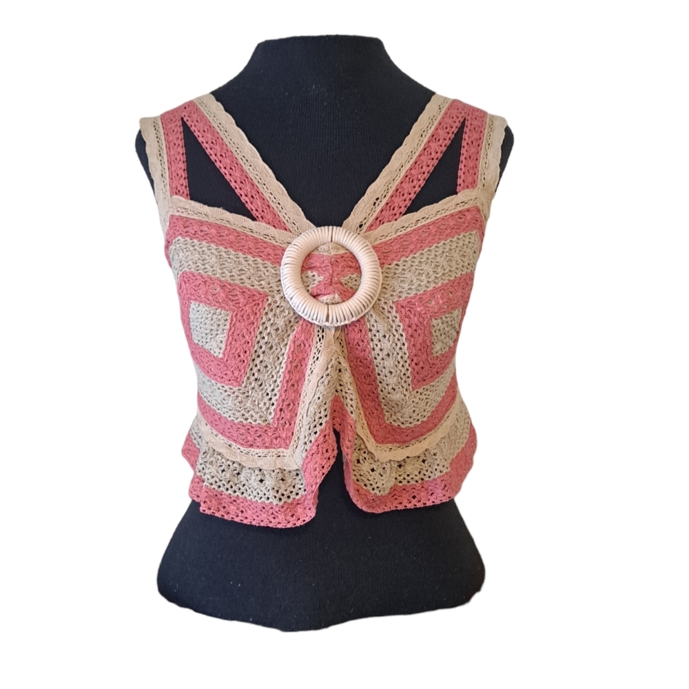 Anthropologie - Let Me Be - Open Back Crochet Tank Top Size Small Pink/Cream - Picture 3 of 16